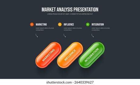 Investor Portfolio Presentation Template Vector Illustration. Creative Analysis Three Option Infographic Slide Design. Modern Launch 3 Step Diagram Frame Layout.