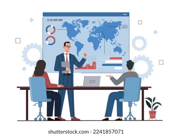 Konzept der Investor-Präsentationen. Mann und Mädchen schauen sich Dozenten in der Nähe der Weltkarte an. Finanzkompetenz und passives Einkommen, Infografik und Marketing-Forschung und -Analyse. Cartoon-Flavektor-Vektorgrafik