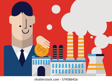 Investor puts a coin inside a working factory