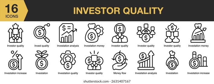Investor Quality icon set. Includes investor, business, investment, quality, financial, management, and More. Outline icons vector collection.