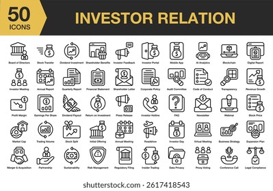 Investor Relation icon set. Includes business, investor, finance, global, success, company, and More. Outline icons vector collection.