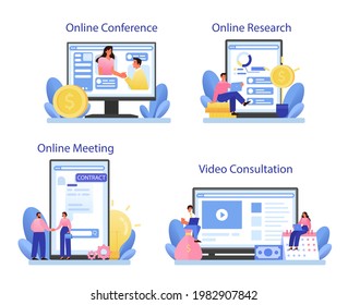 Investor relations online service or platform set. Investings involvement and invested capital profitability. Online meeting, research, conference, video consultation. Vector flat illustration