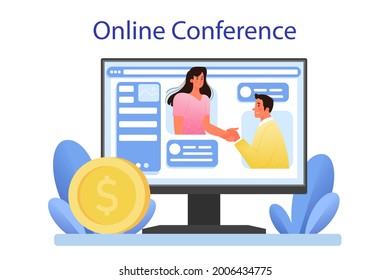 Investor Relations Online Service Or Platform. Investings Involvement And Invested Capital Profitability. Online Conference. Vector Flat Illustration