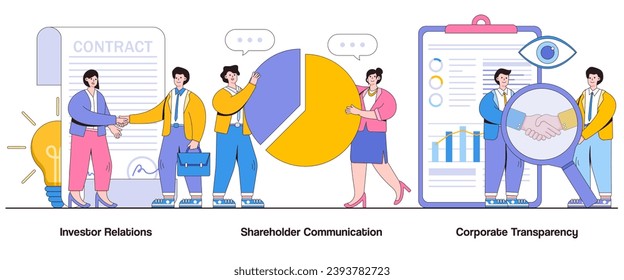 Investor relations, shareholder communication, corporate transparency concept with character. Investor trust abstract vector illustration set. Shareholder engagement metaphor.