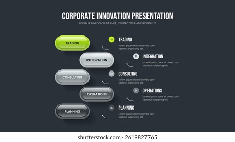 Investor Report Five Option Diagram Slideshow Layout. Advertising Review Presentation Template Vector Illustration. Financial Introduction 5 Step Infographic Slide Design.