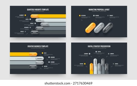 Conjunto de Ilustraciones vectoriales de diseño de presentación de infografía de tres cuatro pasos. Propuesta de negocio 5 3 4 Paquete de diseño de presentación de diapositivas de diagrama de elementos.