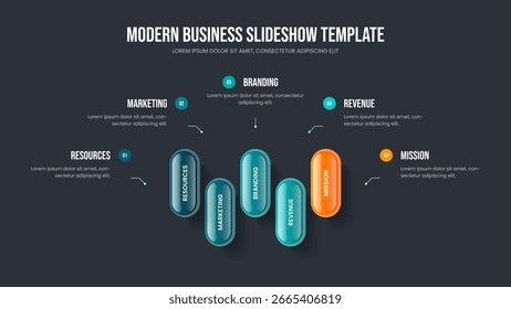 Investor Report Frame Template Vector Illustration. Product Launch 5 Option Infographic Presentation Layout. Company Innovation Five Element Diagram Slide Design.
