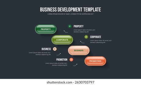 Investor Review 4 Option Diagram Slideshow Template. Sales Development Four Step Infographic Slide Layout. Corporate Forecast Frame Design Vector Illustration.