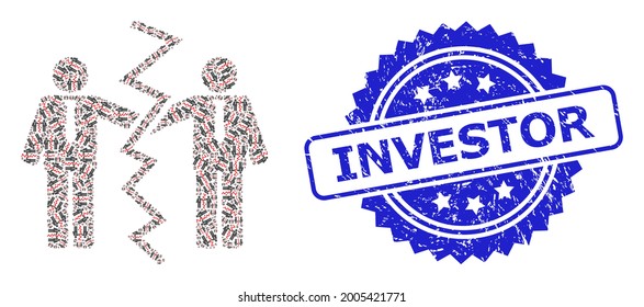 Investor scratched stamp seal and vector fractal composition businessmen divorce. Blue stamp seal contains Investor text inside rosette.