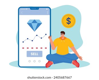 Investor sells diamonds for investment into money, vector illustration.