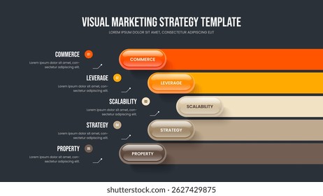 Investor Showcase Five Option Diagram Presentation Design. Visual Review Frame Template Vector Illustration. Professional Introduction 5 Step Infographic Slideshow Layout.