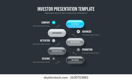 Investor Showcase Frame Template Vektorgrafik. Produktvorausschätzung Präsentationslayout für Fünf-Elemente-Diagramm. Verkaufsübersicht 5 Schritt Infografik Slideshow Design.