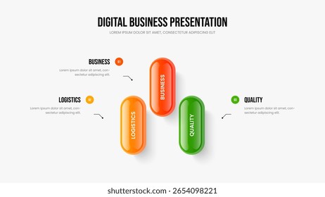 Investor Showcase Three Element Infographic Slide Layout. Service Profile Slideshow Template Vector Illustration. Visual Portfolio 3 Step Diagram Frame Design.
