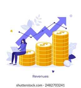 Investor sitting on coins stack under rising arrow. Smart investment on stock market. Revenues concept flat vector illustration. Financial technology for business cartoon character color composition