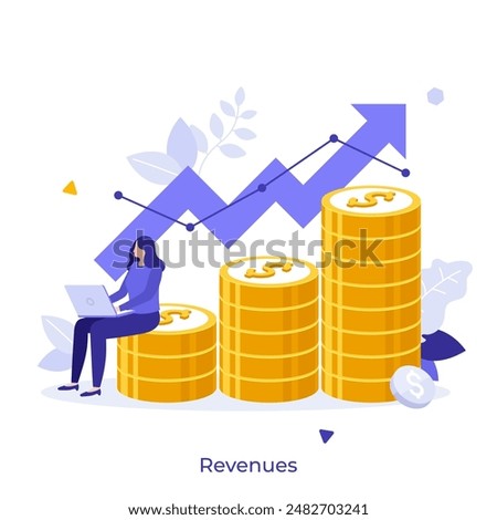 Investor sitting on coins stack under rising arrow. Smart investment on stock market. Revenues concept flat vector illustration. Financial technology for business cartoon character color composition