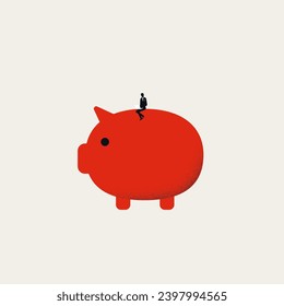 Investor sitting on a piggy bank. Business symbol of investment, decisions, savings and banking. Minimal illustration, editable eps10 vector concept.