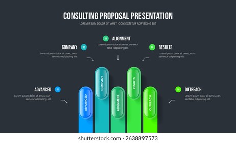 Investor Solution Slide Design Vector Illustration. Sales Insight Five Element Infographic Frame Template. Company Innovation 5 Option Diagram Presentation Layout.
