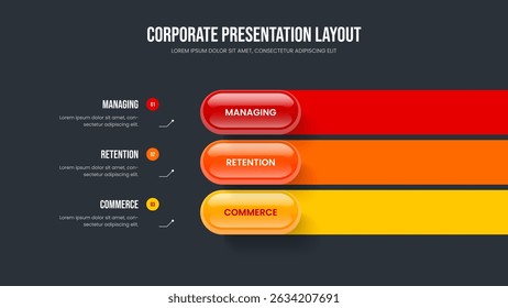 Investor Solution Slide Template Vector Illustration. Digital Strategy Three Option Diagram Presentation Layout. Marketing Review 3 Step Infographic Frame Design.
