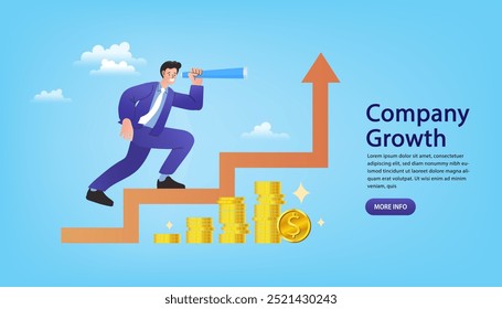 Investidor na seta para cima. Olhando através de um conceito de telescópio, Investimento. Visão de negócios para ver oportunidade. realização de carreira. visão e lucro. vetor plano Ilustração.