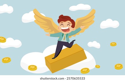 Investor stands on gold bars and flies in the sky (Concept of trading gold and the gold market goes up)
