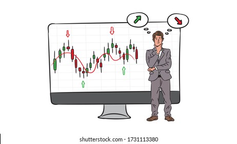 Investor thinks about stock market chart trend vector illustration. Desktop with financial market graph with and trader (investor) graphic design.
 svg
