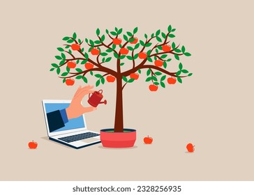 Investor  through the laptop watering apples tree.  Idea, Financial and investment growth. Flat vector illustration