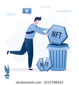 Investor throws NFT token into trash bin, token depreciation. High volatility of crypto assets leads to bankruptcy. Businessman sells NFT, cryptocurrency price fast falls. flat vector illustration