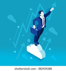 Investor Trader Business Future Vision. Executive Leader Character Finance Lead Manager Businessman. Leadership Management. 3D Flat Isometric People Data Scientist Leader Concept Vector Image