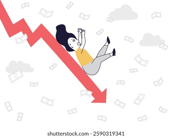 Investor woman sliding down on an arrow with money