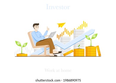 Investors analyze their investments at home with laptop. for the growth of profits and dividends. Vector illustration