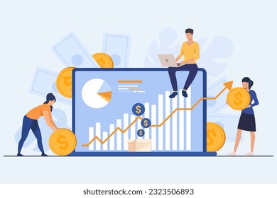 Investors carrying coins to computer vector illustration. Businessmen investing money online, planning growth and retirement, managing budget on screen. Wealth, stock market, investment concept