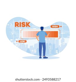 Investors consider the risk management process on a virtual screen. High risk decision making. Business analysis instruments concept. Flat vector illustration.