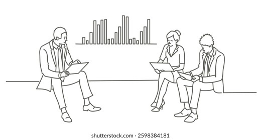 Investors with digital stock market graph. People traders investing money, finance in assets. Investment concept. Hand drawn vector illustration. Black and white.