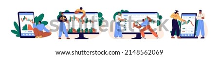 Investors with digital stock market graph, candlestick chart set. People traders investing money, finance in assets. Investment concept. Flat graphic vector illustrations isolated on white background
