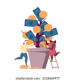 Investors Growing Revenue Tree. Business People Taking Care About Huge Cash Plant In Pot. Investing Money Metaphor Vector Illustration. Finance, Prosperity, Financial Growth Concept