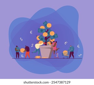 Árbol de ingresos de los inversores. Gente de negocios que se preocupan por la enorme planta de efectivo en la olla. Ilustración vectorial de metáforas de inversión de dinero. Finanzas, prosperidad, concepto de crecimiento financiero