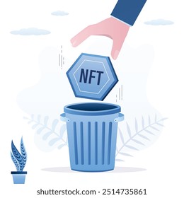 Investor's hand throws NFT token into trash bin, token depreciation. High volatility of crypto assets leads to bankruptcy. Businessman sells NFT, cryptocurrency price fast falls. vector illustration