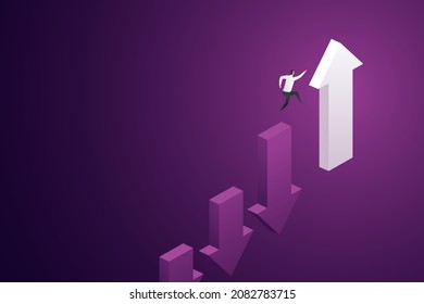 Investors jump from falling arrows to rising arrows. Financial and investment plans, decision making, changing investment methods.  isometric vector illustration.