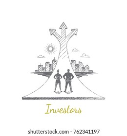 Investors. A man and a woman stand on a big arrow. The arrow in the form of a springboard is directed to the city. Vector illustration, business concept, hand drawn sketch.