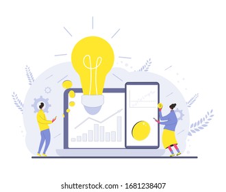 Investors. Minor shareholders use a digital servises to getting money. Stock market boom.  Tiny people with huge coins, bulb, graph on computer's and phones screen. Vector illustration.