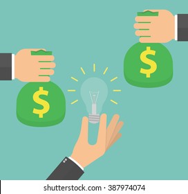 Investors offering money for idea concept. Hand holding lightbulb and other hands holding or giving money bags. Vector illustration in flat style