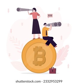 Investors sit and stand on giant bitcoin and analyze cryptocurrency. Business people use binoculars and spyglass to see development of blockchain technology and evaluate bitcoin quotes. flat vector svg