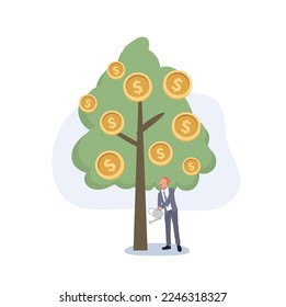 Investors strategy, funding concept. Business investment profit, Businessman watering money tree. Flat vector cartoon character illustration