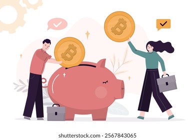 Investors throwing bitcoin coin into piggy bank. Couple putting cryptocurrency into piggy bank. Crypto currency savings, bitcoin defensive asset, concept banner. flat vector illustration