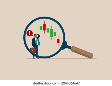 Investors use magnifying glasses to analyze investment charts. Stock market technical analysis. Flat vector illustrtation.