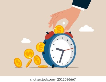 Invests money into big watch to get return profit, returns from the costs that have been invested. Flat vector illustration.