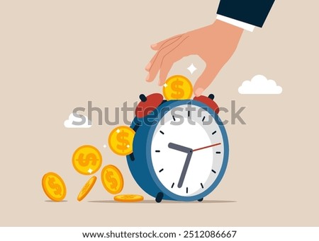 Invests money into big watch to get return profit, returns from the costs that have been invested. Flat vector illustration.