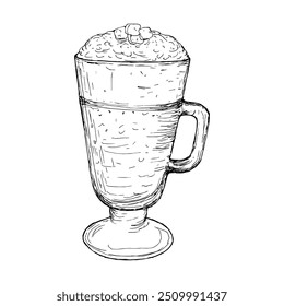Invigorating delicious cappuccino with marshmallows hand drawn vector illustration. Black and white Coffee sketch isolated.