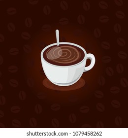 an invigorating drink of coffee with cream in a beautiful mug, a brown range of colors, coffee color, coffee beans. Vector illustration