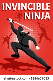 Invincible ninja warrior isometric shiny red background poster with popular online  action packed game character vector illustration 